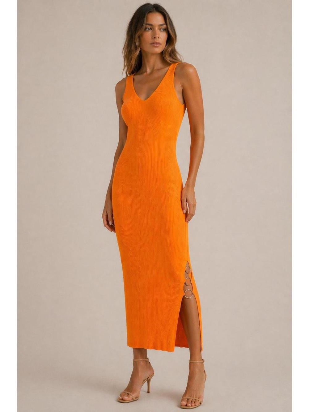 House of Harlow Orange Ribbed Midi Dress with Ring Detail
